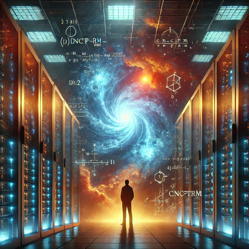 Digital illustration depicting a server room with numerous illuminated server racks on either side, leading to a central, swirling nebula-like galaxy. A silhouetted figure stands facing the galaxy. Mathematical equations and diagrams are faintly visible on the walls and the galaxy itself.